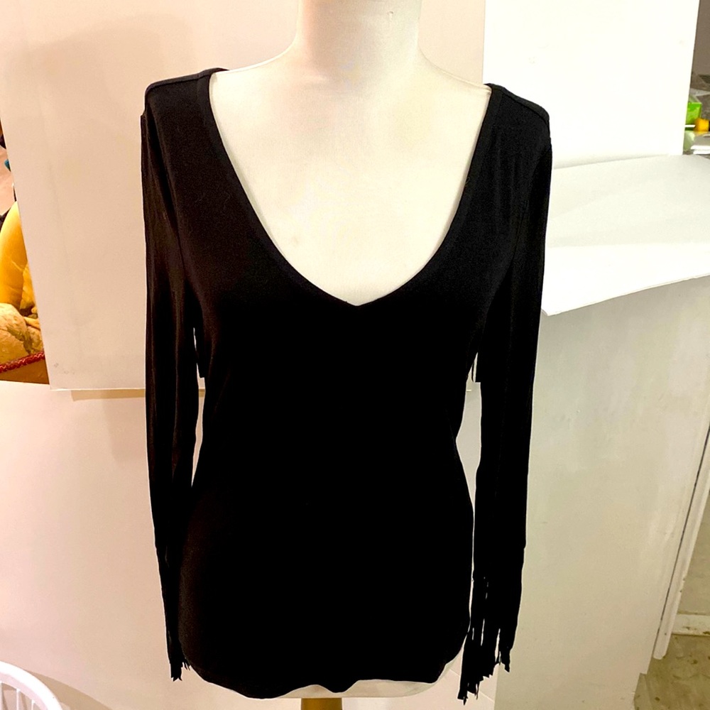 Black long fringe sleeve v neck fringe back no material content brand new